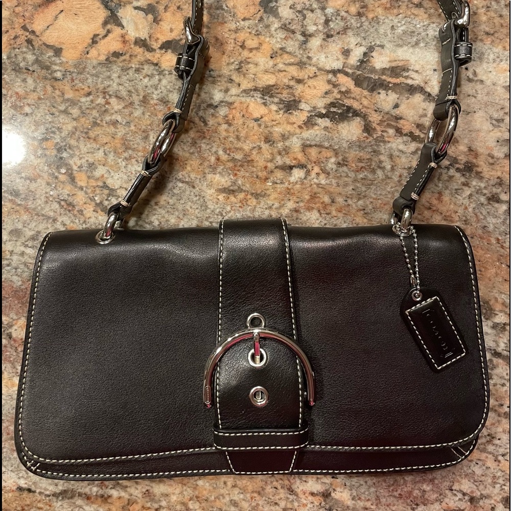 Vintage Coach Black Leather Shoulder Bag with Silver Hardware